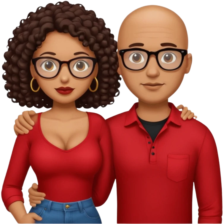 A picture of a sexy tanned couple. the guy is Mexican, with a bald hair cut and a red shirt. the girl is mixed, she has curly longer dark brown hair, the girl has glasses only, and with big boobs and black shirt  emoji
