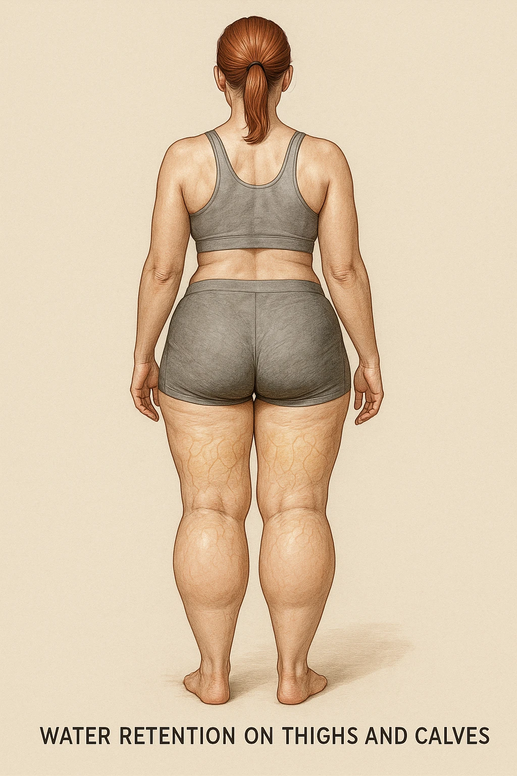 realistic anatomical illustration of a woman in sportswear, rear view, showing water retention on thighs and calves: swelling, smooth skin, subcutaneous fluid accumulation, neutral medical style background emoji