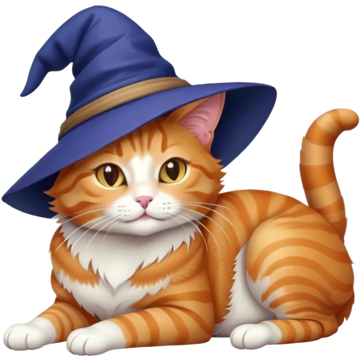 full body ginger tabby cat flopped over on her side wearing an indigo witch hat emoji