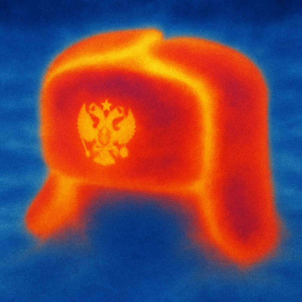 Russian ushanka hat with the emblem of Russia in a snowy background emoji