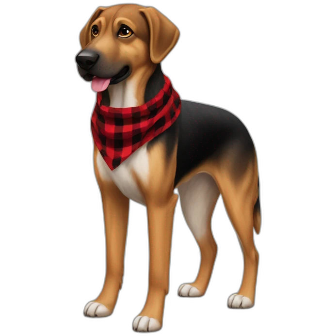 adult 75% Coonhound 25% German Shepherd mix dog with visible tail wearing small pointed red buffalo plaid bandana full body side view emoji