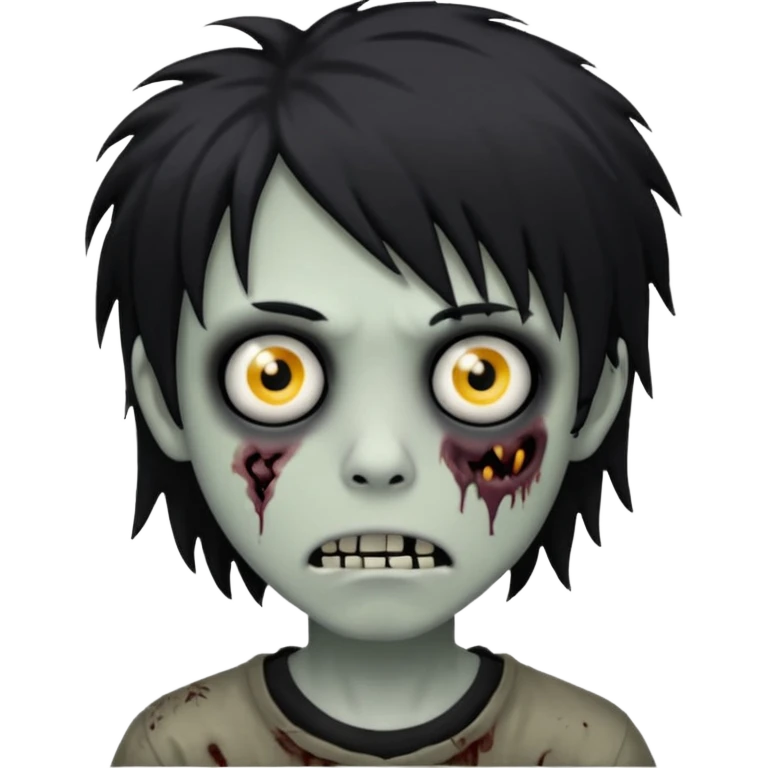 creepy boy zombie, black shaggy emo hair, medium long, dark and spooky emoji