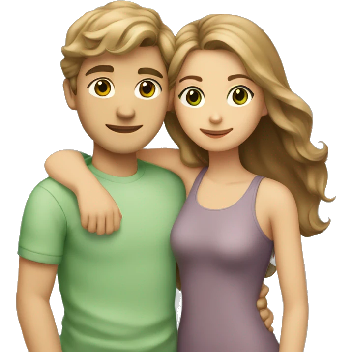 Couple hug boy with short light brown hair and brown eyes and girl with long wavy light brown hair and green eyes  emoji