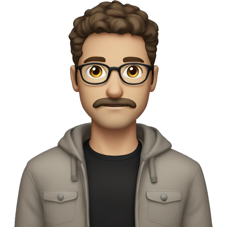 Guy, brown hair, moustache and stubble, blue eyes, round glasses, wearing a black jumper emoji