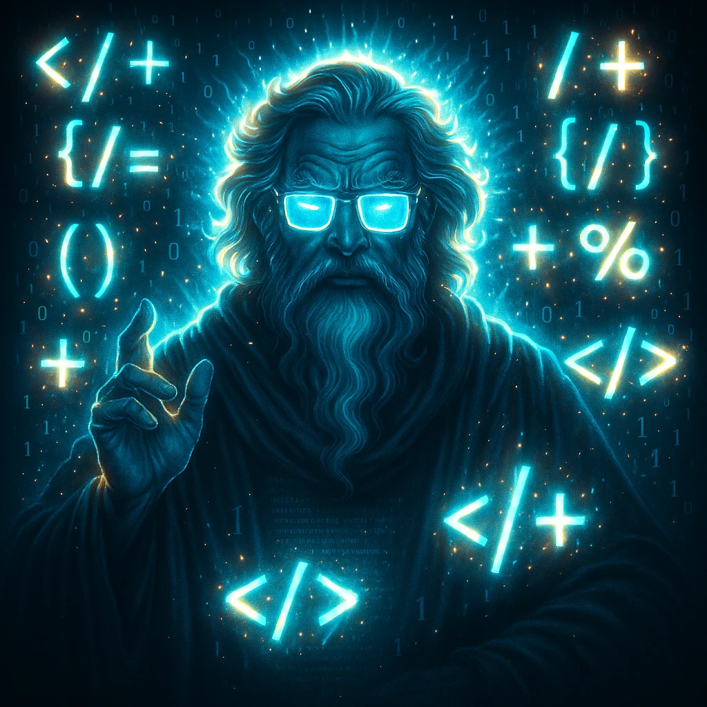 Add glowing effects around the character 'code geek master god', especially highlighting the code symbols and glasses, while maintaining a digital and powerful vibe. Enhance the image with luminous, radiant glows that emphasize the tech and mastery theme, keeping the overall digital aesthetic intact. emoji