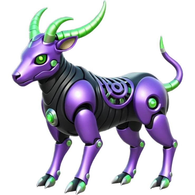 Futuristic mechanical cyborg horned modern badass cool shiny metallic alloy black-obsidian purple neon-green white lime animal hybrid Fakemon full body with intricate patterns emoji