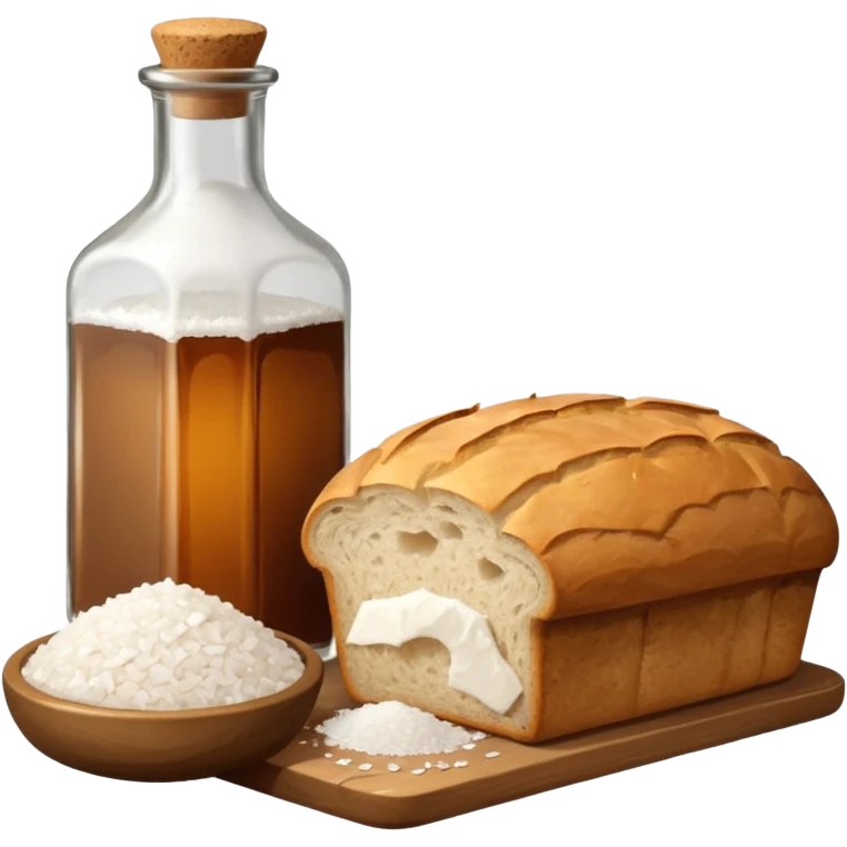 a bottle of salt (salt cellar) and a loaf of peasant bread - still life composition emoji