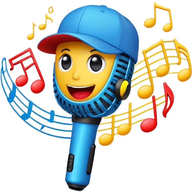 Create a dynamic and energetic emoji that represents beatboxing. The design should feature a microphone with a singing mouth and soundwaves or rhythmic beats emanating from it, symbolizing the vocal percussion and rhythm of beatboxing. Add a cap placed on top of the microphone to reflect street culture and the individuality of the performer. Include musical notes floating around to emphasize the musicality. Use bold, vibrant colors like neon blue, red, and yellow to convey energy and excitement. The background should be transparent. emoji
