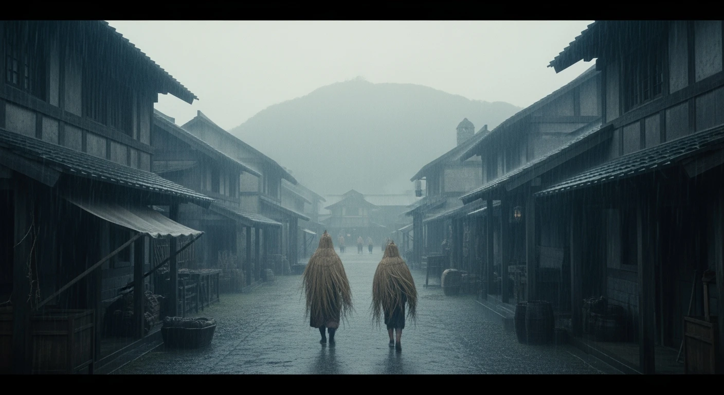 A cinematic scene from 1185, motion blur, wide shot of a rainy village, two figures in straw raincoats approach a hill, symmetrical, gray-blue palette, tense, Arri Alexa, Wes Anderson. emoji