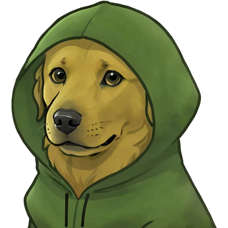 A golden retriever wearing in a hood emoji