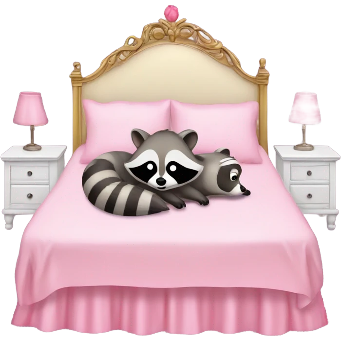 princess style bed with sleeping cute racoon wearing pink bow on head in it emoji