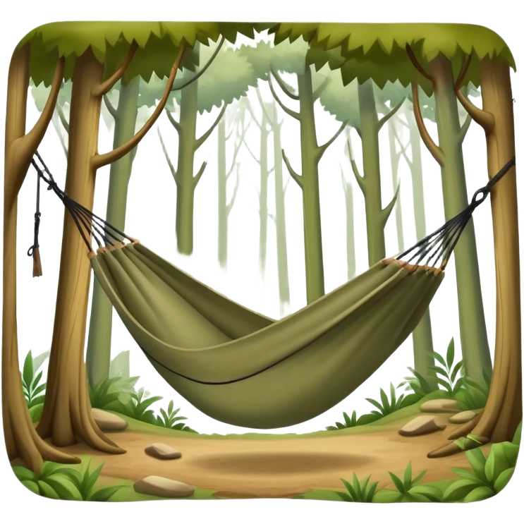 bushcraft hammock hanging between trees in forest emoji
