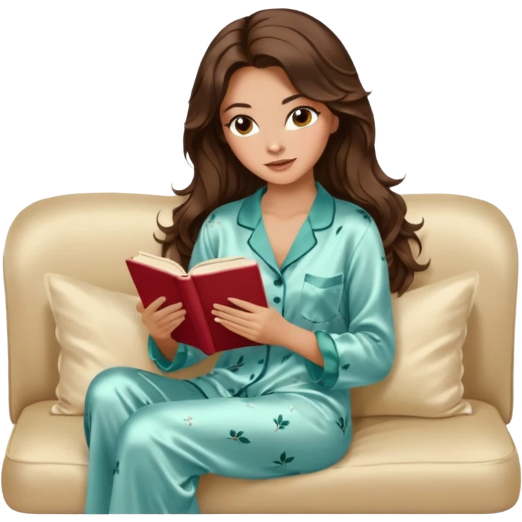 Woman with brunette hair light tanned skin reading on sofa. Long wavy hair. Beige ivory colours. Silk pyjamas. Realistic. Foxeye with lashes. Glamorous makeup emoji