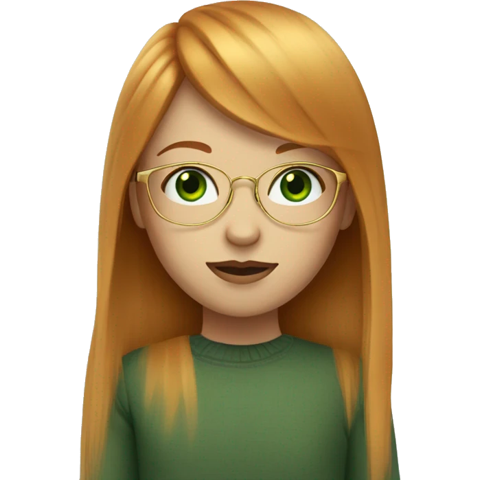 Ginger girl with straight hair, bangs, gold wire rim glasses and green eyes emoji