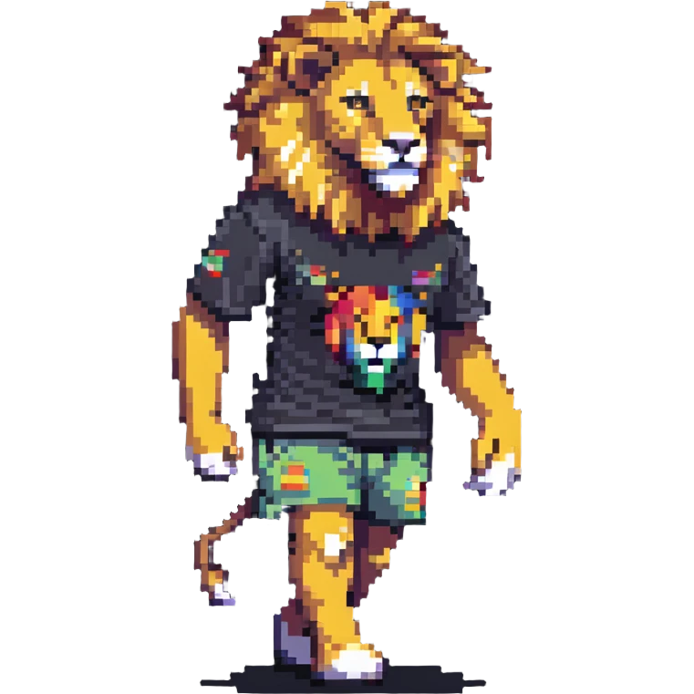 retro 1950s anthropomorphised lion in a t-shirt and shorts, walking emoji