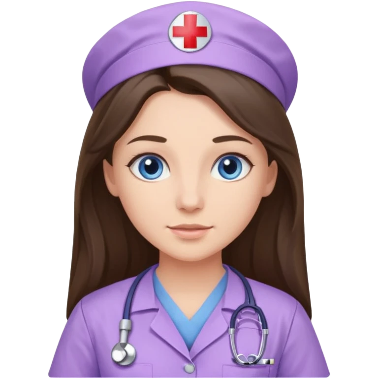 pretty brunette nurse with long hair and blue eyes in lilac scrubs emoji
