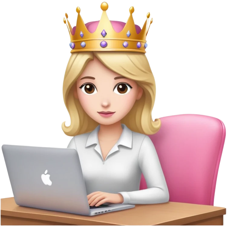 Attractive woman with crown on her head sat at the desk with MacBook and pink chair  emoji