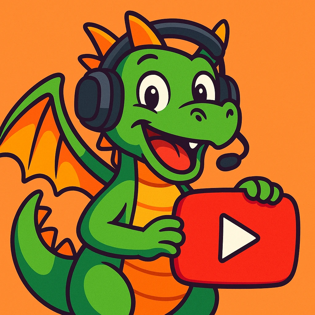 cartoon dragon holding a play button symbol, wearing a headset, cheerful expression, representing a YouTuber persona, vibrant toon style emoji