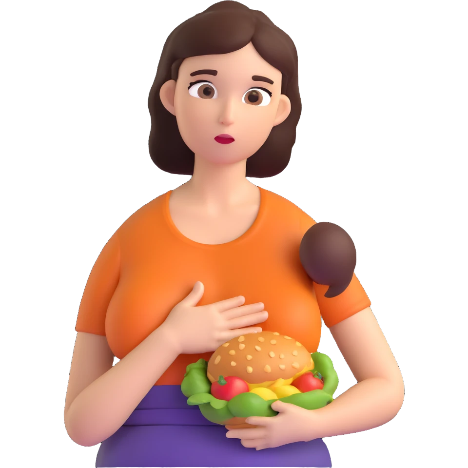 woman holding her stomach and looking at food with longing, expressing hunger emoji