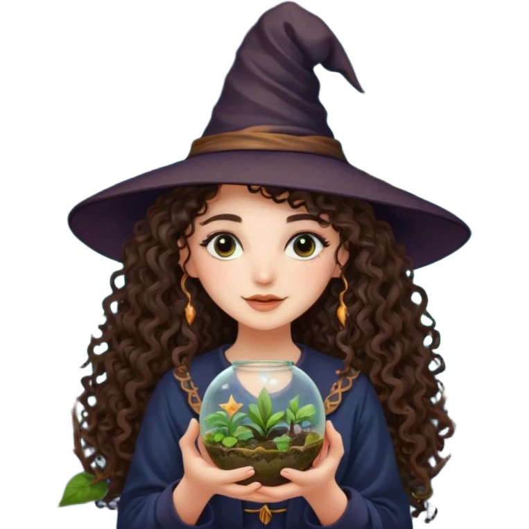 A long curly haired brunette girl with a moon, witch hat, holding a plant terrarium emoji