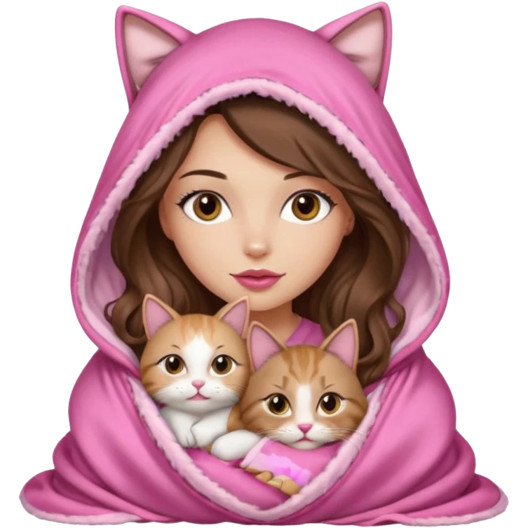 girl with long wavy brown hair, brown eyes, long lashes makeup, sexy pink lips, light to medium complexion, wearing a pink sexy silk top, big blanket over the head cozy holding a cat, no cat earn on the hood emoji