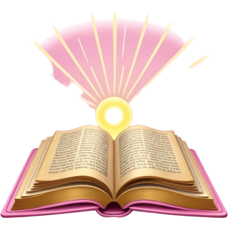 An open pink book with glowing light rays emerging from its pages, magical atmosphere, emoji