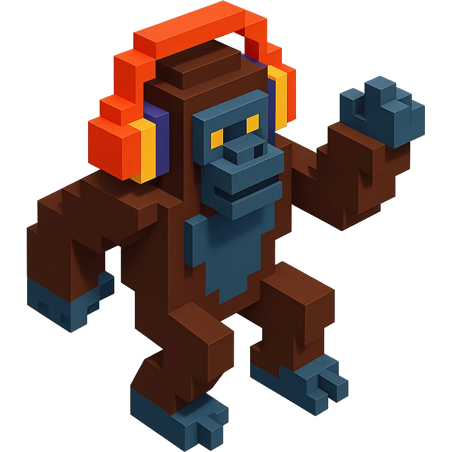 gorilla with headphones dancing, isometric view, voxel style emoji