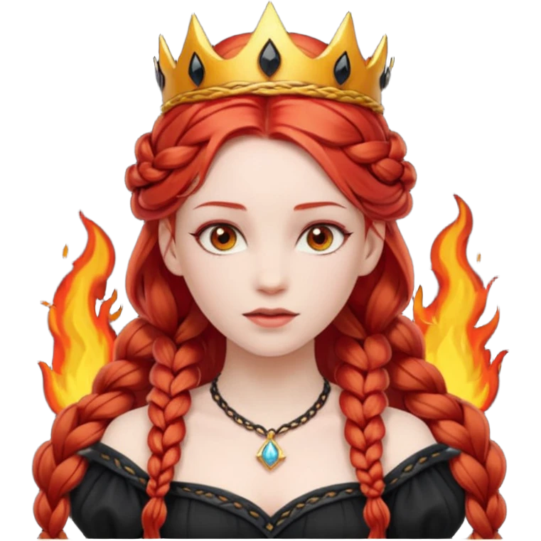 braided hair fire princess with black crown, red hair emoji