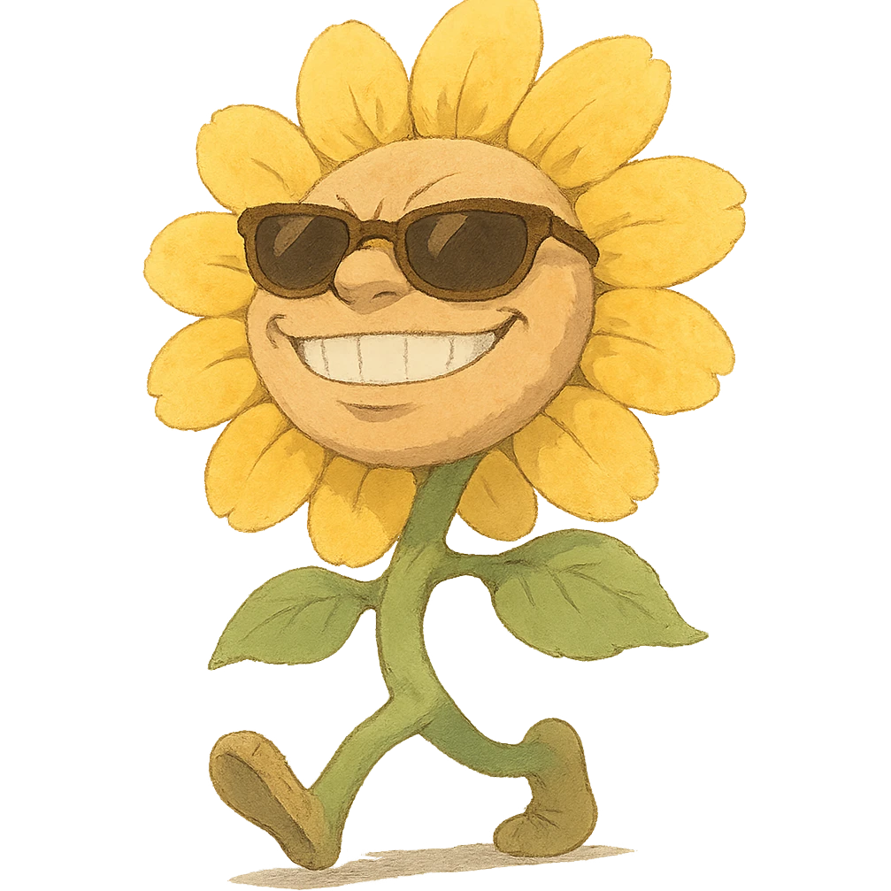 bright pastel yellow sunflower with large sunglasses, grinning proudly while strutting, round body, exaggerated confident face, soft Ghibli style emoji