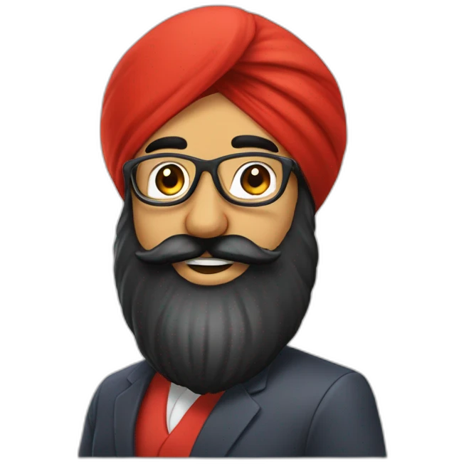 sikh businessman wearing a red turban, black full beard with moustaches, smile, tinted sunglasses emoji