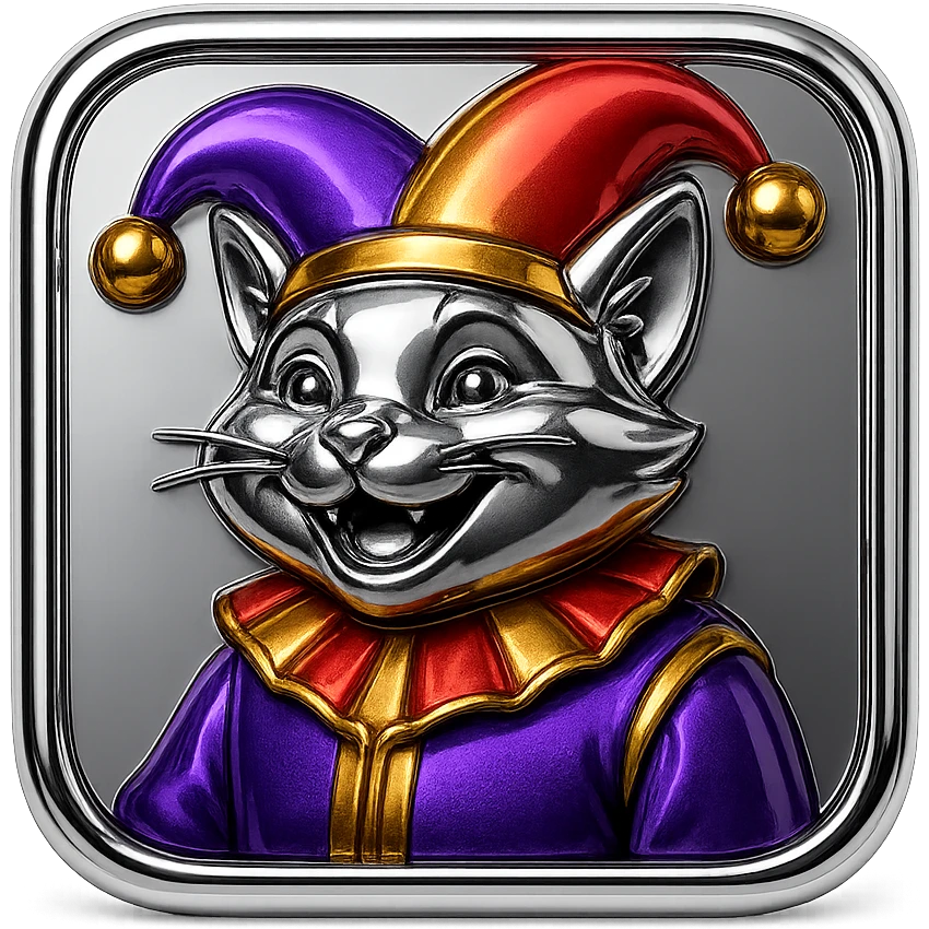 crazy colorful cute little cat jolly joker from poker, medieval, vintage, court jester, mac os icon, purple, gold and red color, half body. Squared shape as 3D mac os icon emoji