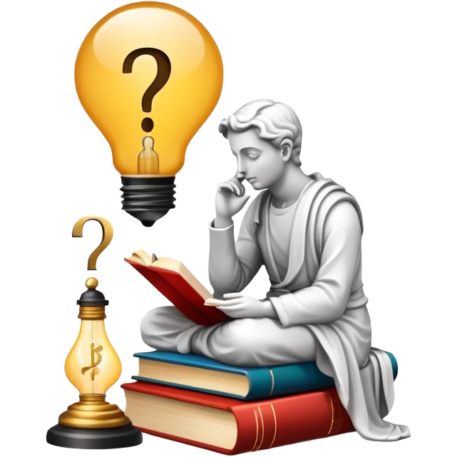 An icon featuring a thinker statue, a scroll, and a question mark, symbolizing philosophy. The design includes books, a lightbulb, and abstract symbols representing deep thought and wisdom. Transparent background highlights the study of ideas, logic, and existential questions emoji