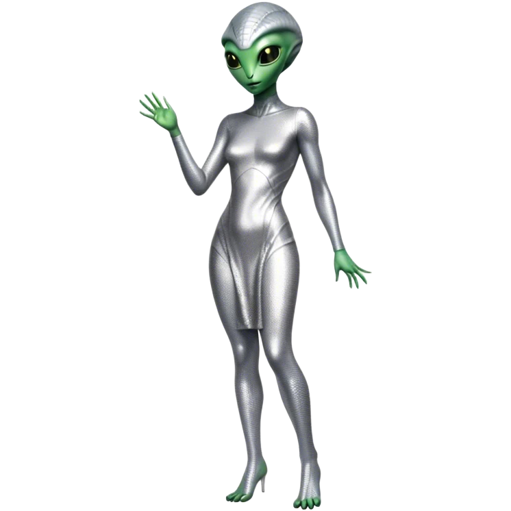 alien reptilian woman in silver dress, full body green eyes emoji