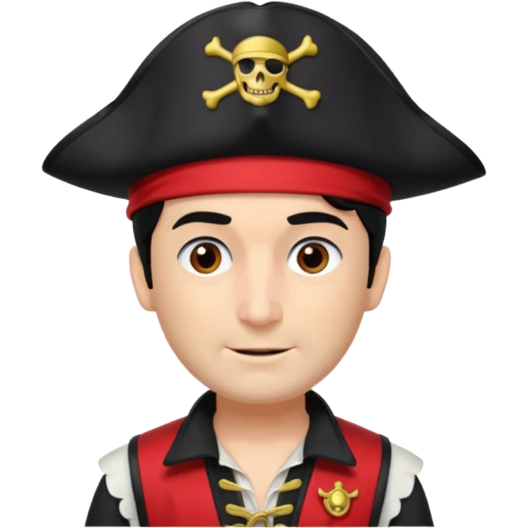Captain Feathersword of The Wiggles with light skin, brown eyes, black hair, black pirate hat, white pirate shirt with red vest, one eye patch emoji