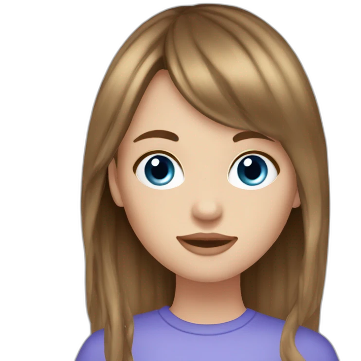 white girl with long brown hair, curtain bangs, blue eyes, 20 yo emoji