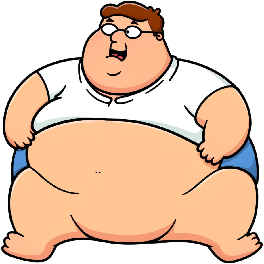 Peter Griffin from Family Guy with a huge pregnant belly, laying down on his back, sweating, exhausted expression, wearing his signature outfit emoji