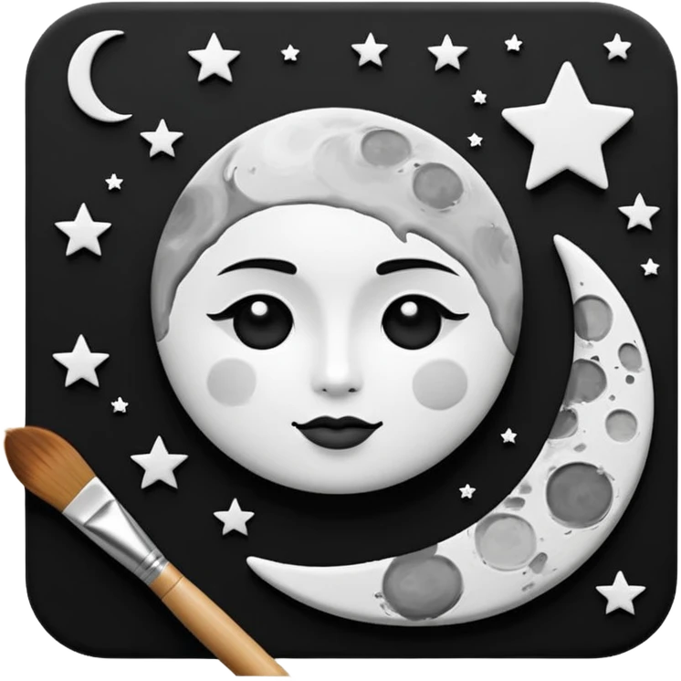Visualize on-brand content — instantly. black white pallete preferred. brush painting on a canvas. app icon. modern, sleek, minimalistic. ai generated. make moon and star to look like a face. emoji