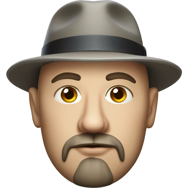 Photorealistic serious A plump bald man of Slavic appearance with a goatee and mustache, wearing a fedora hat emoji