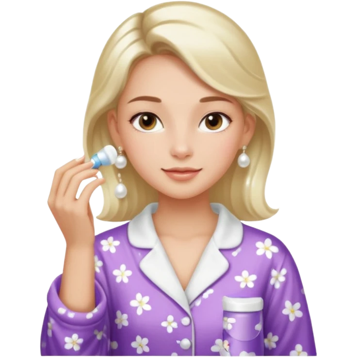Clean girl aesthetic emoticons, apply skincare products, pearl earrings, glowing skin, pajamas, soft lighting emoji
