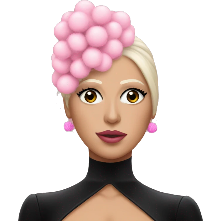 Lady gaga dressed in a black bodysuit with pink pompoms emoji