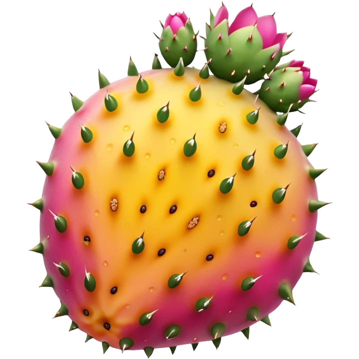 one whole prickly pear fruit with slightly oval shape, smooth skin dotted with tiny subtle spines, skin color vibrant pink to yellow-orange, halved version reveals vivid magenta or golden pulp speckled with small seeds, no cactus pads, knife, or extras, soft lighting, subtle shadows, emoji scale emoji