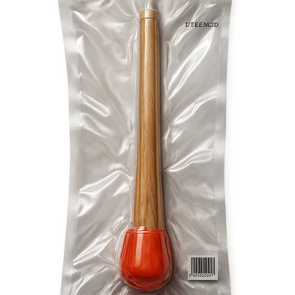 full-size pool stick (cue) viewed from above, bird's eye view, retro 90's toy style, natural wood colors, semi-transparent, soft plastic, soft and squishy texture, some cloudiness, a bit shiny, highly detailed, appealing emoji