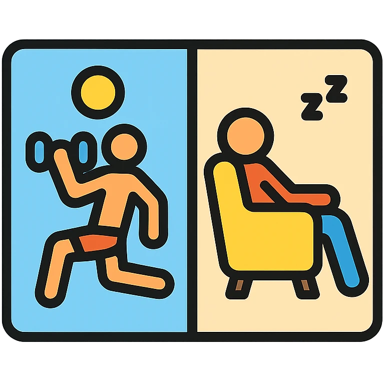 a picture devided into two parts, the first part shows a sportsman doing his workout, the second show a sportsman being lazy emoji