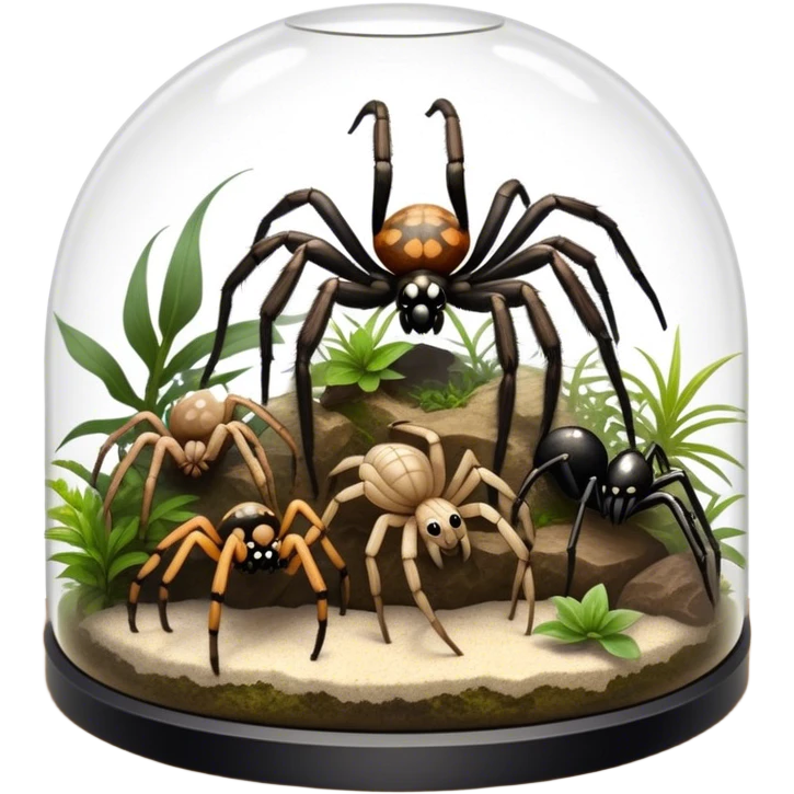 Collage of various spiders, including tarantulas and other exotic species, inside a  terrarium with webs and natural décor. Close-up shots of their intricate legs, eyes, and fuzzy bodies. Soft lighting, transparent background. emoji