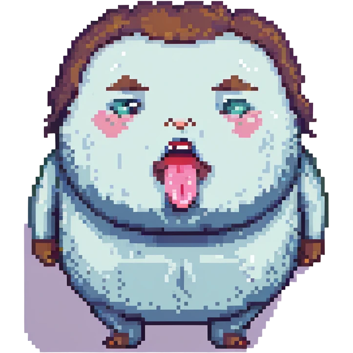 fat man drooling everywhere, tongue out, eyes open, pixel art style emoji