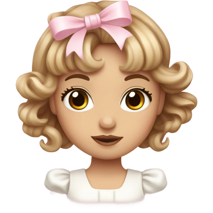 pale girl , who has wavy long length light brown and baby pink swirled hair with bangs , hazel eyes , and doll like makeup , in a withe dress and light pink bow emoji