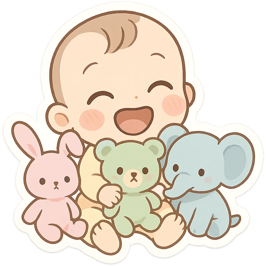 emoji of a joyful baby sitting and playing with pastel-colored stuffed animals including bunny bear and elephant, soft and playful vibe emoji