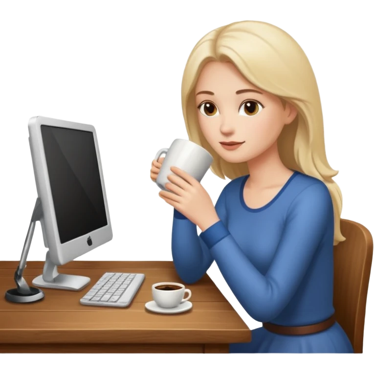 mujer blanca tomando un solo cafe y con un computador sentada en una mesa  emoji