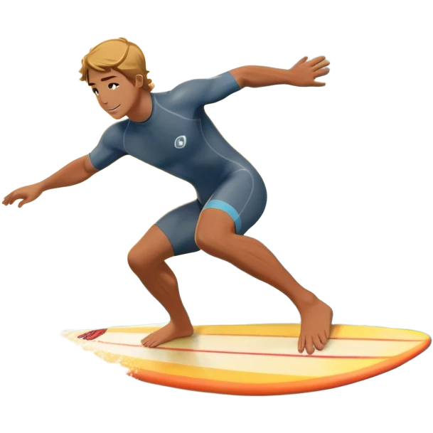 A surfer riding a large wave, skillfully balancing on their board as the ocean crashes around them. The scene captures the energy and excitement of surfing, with the sun setting in the background and the water sparkling under the light. emoji