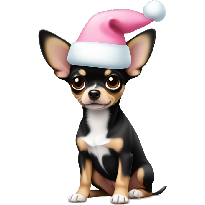 black & tan chihuahua puppy full body light blue eyes pink christmas hat on emoji